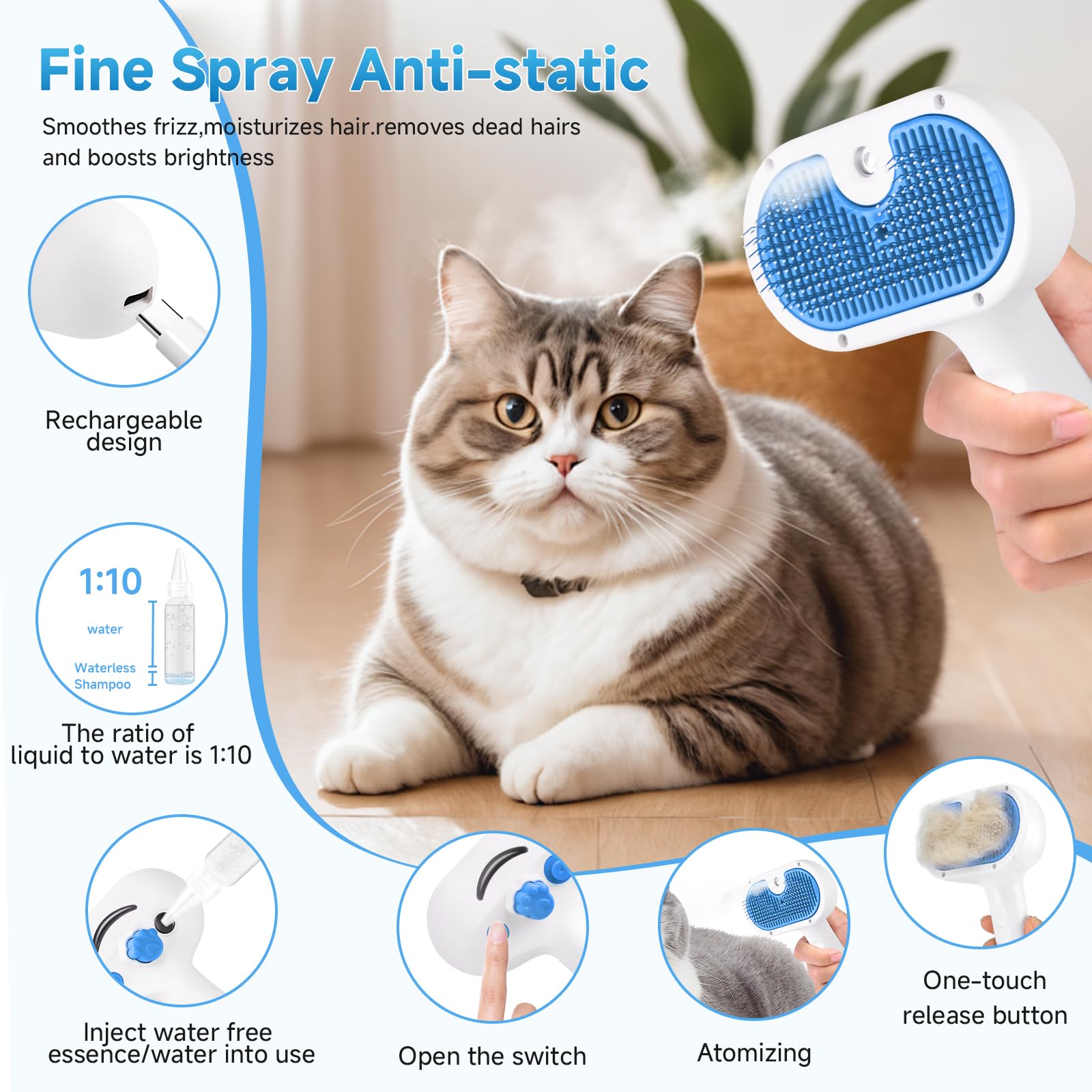 Pet Steam Brush for Dog & Cat - 3-in-1 Steam Grooming Brush for Shedding & Hair Removal - Self Cleaning Spray Comb with Mist for Long Haired Pets - Includes 1*Waterless Shampoo, Blue. - image 7