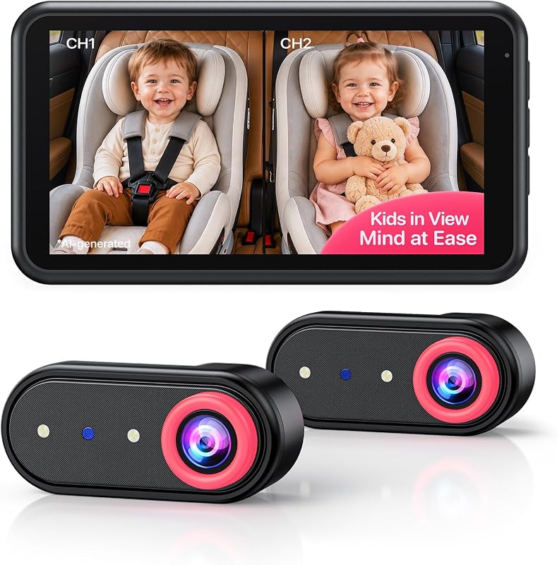 Monitor de Bebê para Carro LUCKVIEW BM2PRO com Duas Câmeras, Tela Dividida, Visão Noturna IR e Tela de 5,2"