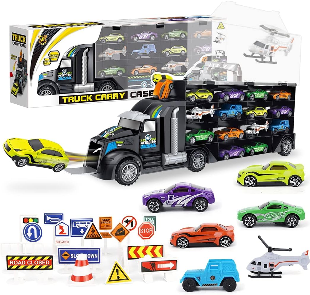 Truck Transport Car Carrier Toy for Boys and Girls, 30 Piece Toy Hauler Truck with Toy Cars, Road Signs, & More, Includes 10 Cars,2 Helicopters Trucks Toys- Great Gift For Toddlers & Kids Age 3+