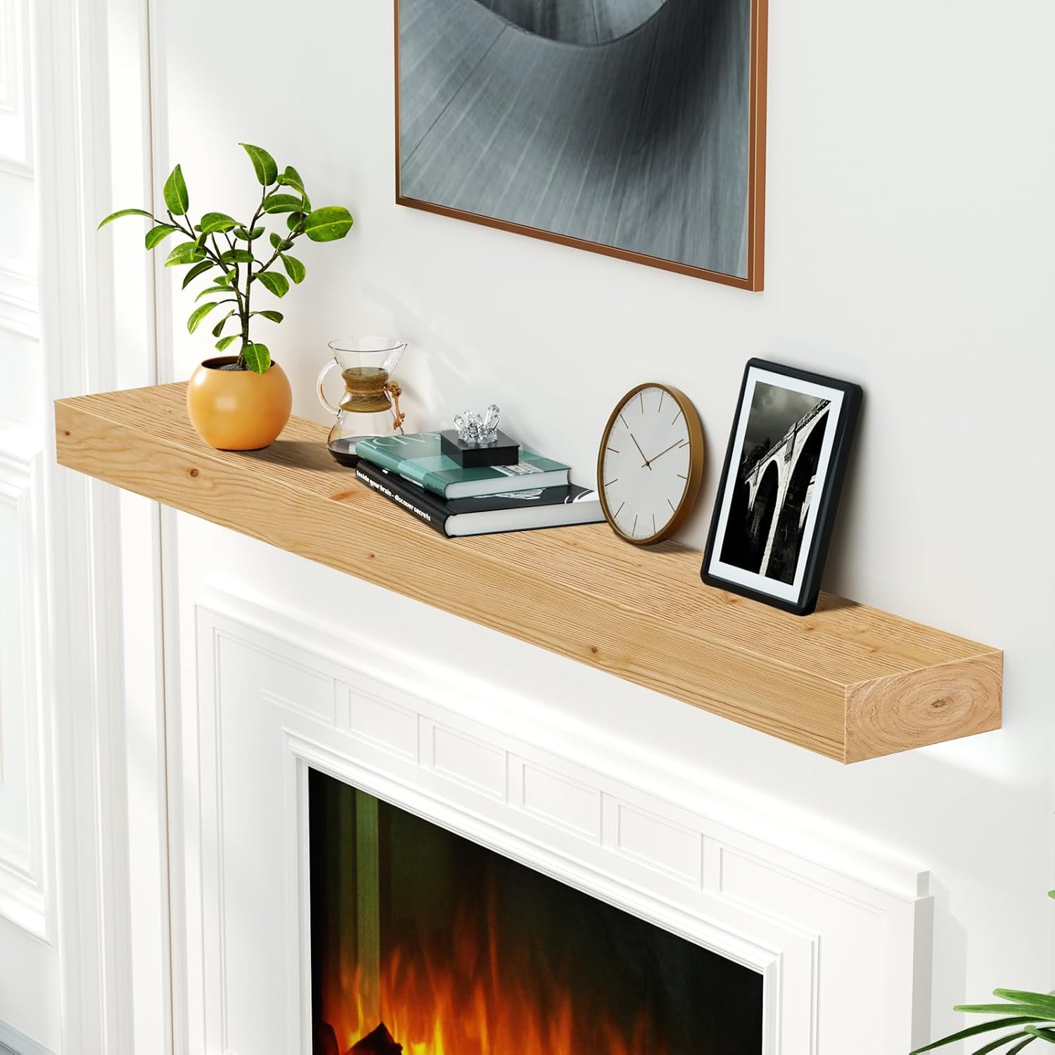 ROOMTEC Floating Fireplace Mantel,72" Wood Fireplace Shelves,Wall Mounted Wooden Shelving,Handcrafted Wood Brack,Mantels Over Fireplace, 72" x 8" x 3"-Clear Varnished Natural Wood