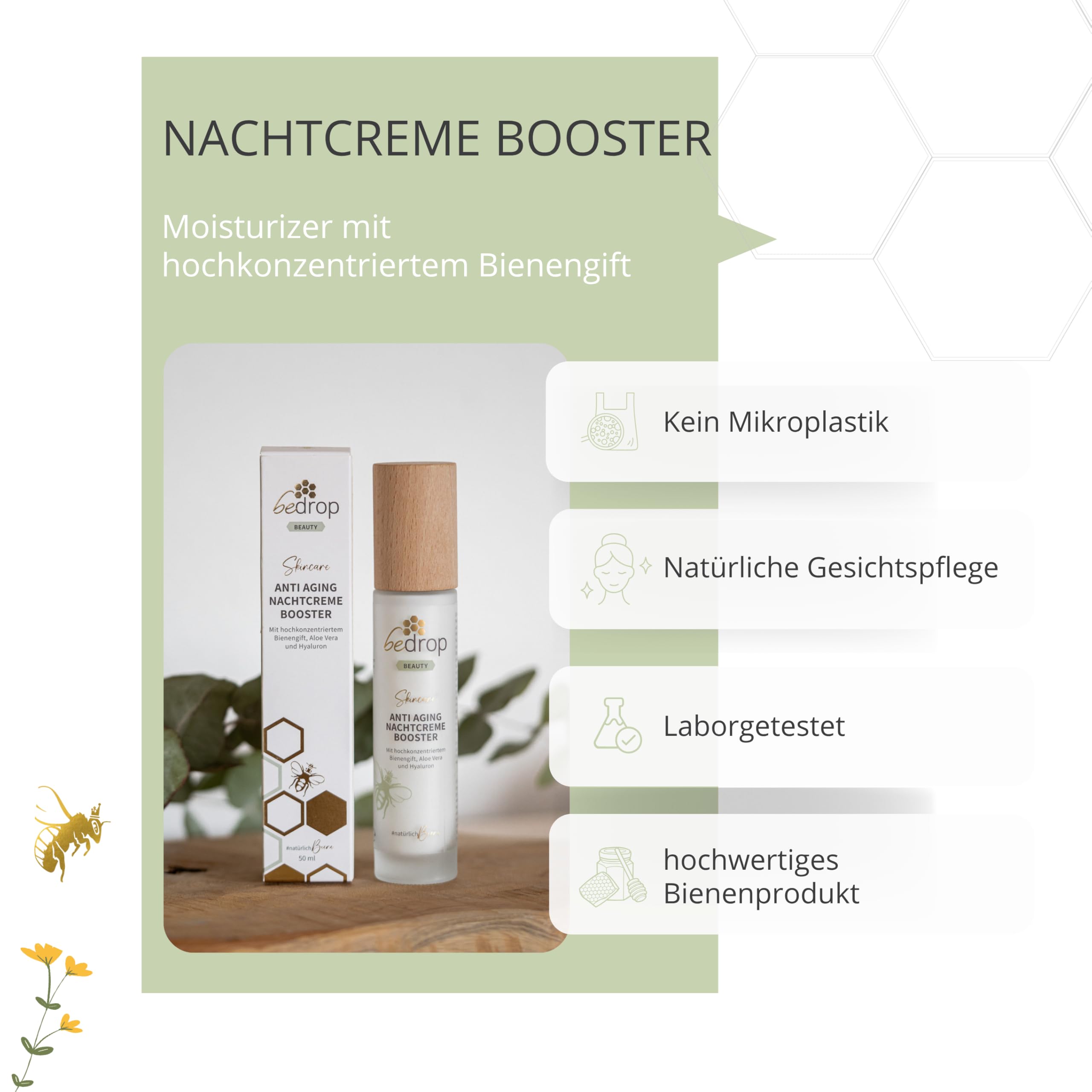 bedrop Anti-Aging Nachtcreme BOOSTER regenerierende Nachtpflege mit Bienengift, Aloe Vera, Hyaluron, Jojobaöl, Vitamin C und Arginin zur Faltenminderung - 50ml (3x 50ml Sparset)