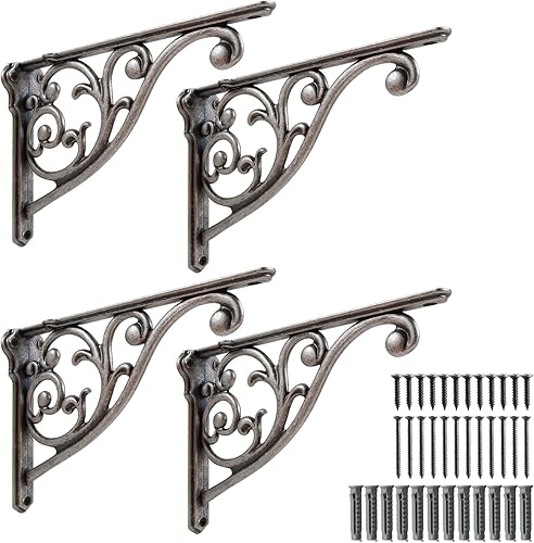 Khtumeware Soportes decorativos ornamentados, soporte de estantería pequeño de 5 pulgadas, paquete de 4 soportes de metal vintage de plata antigua,