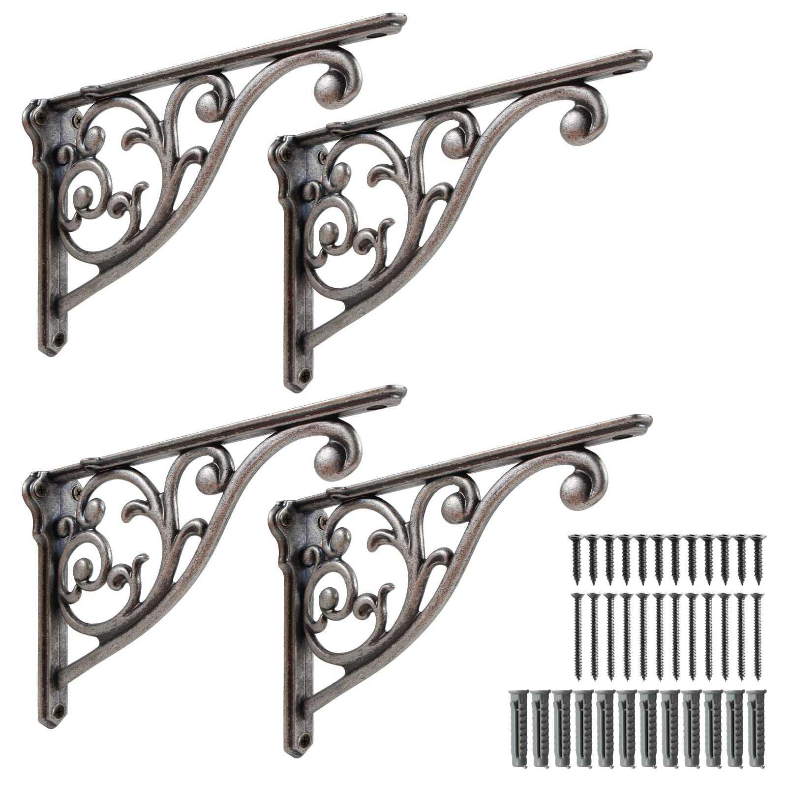 Khtumeware Ornate Decorative Shelf Brackets, 5-inch Small wall Mounted Shelving Bracket, 4 Pack Antique Silver Vintage Metal Shelf Bracket Victorian wall Bracket.(4, Antique Silver)