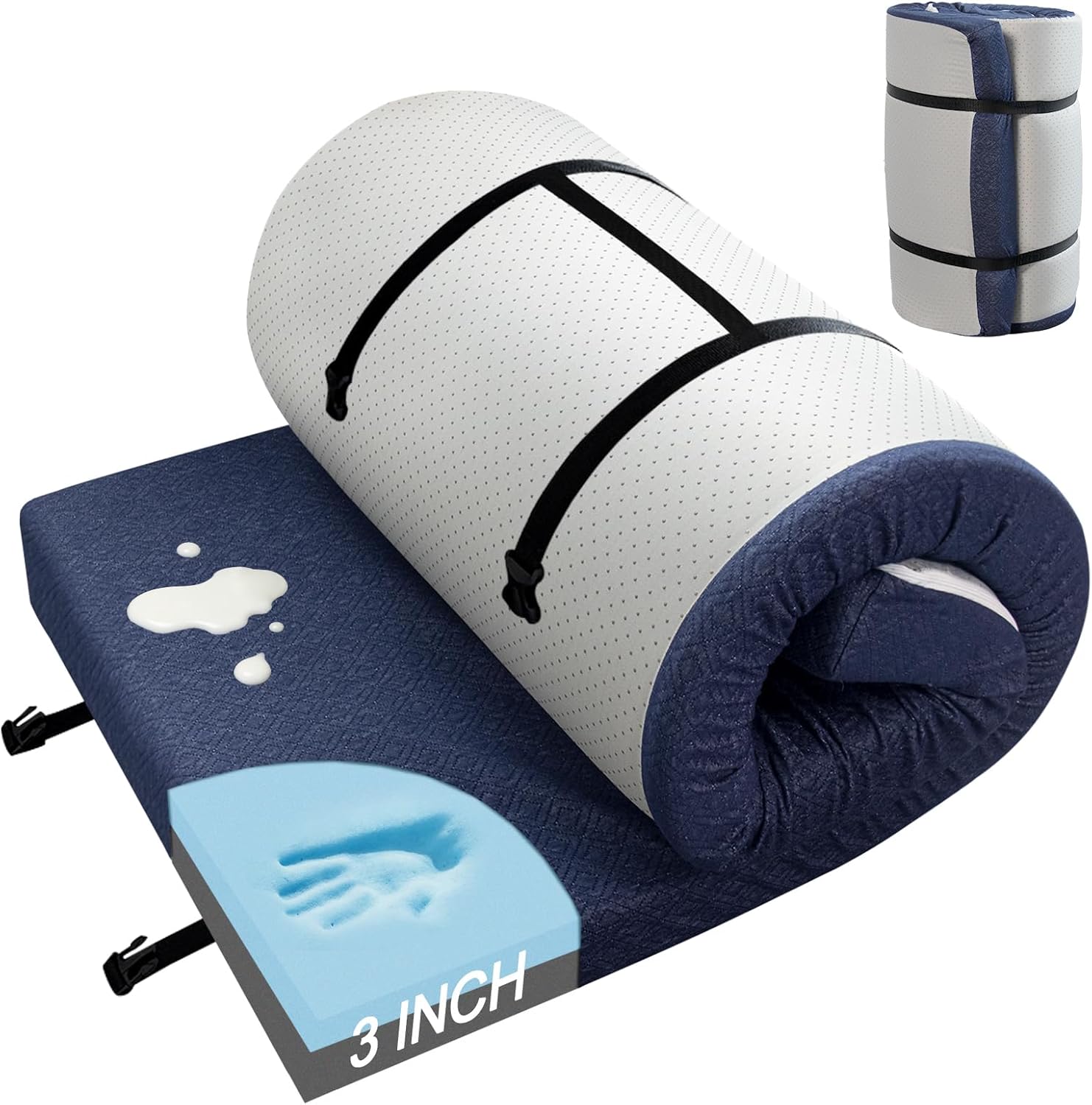 Memory Foam Camping Mattress Pad 3inch, Sleeping Pad, Portable Roll Up Mattress for Adults, Camping Bed Pads for Sleepover, Non-Slip Bottom Cot Mattress Pad 72" x 24"x 3"