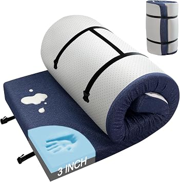 Memory Foam Camping Mattress Pad 3inch, Sleeping Pad, Roll Up Mattress for Adults, Camping Bed Pads for Sleepover, Non-Slip Bottom Cot Mattress Pad 72" x 24"x 3"