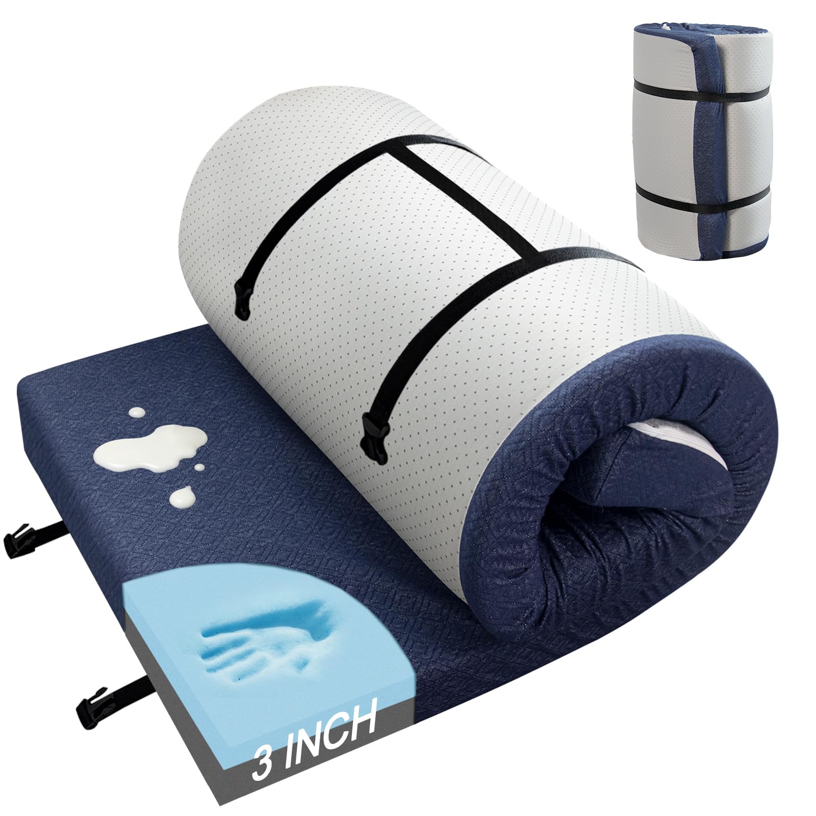 Memory Foam Camping Mattress Pad 3inch, Roll Up Sleeping Pad for Adults
