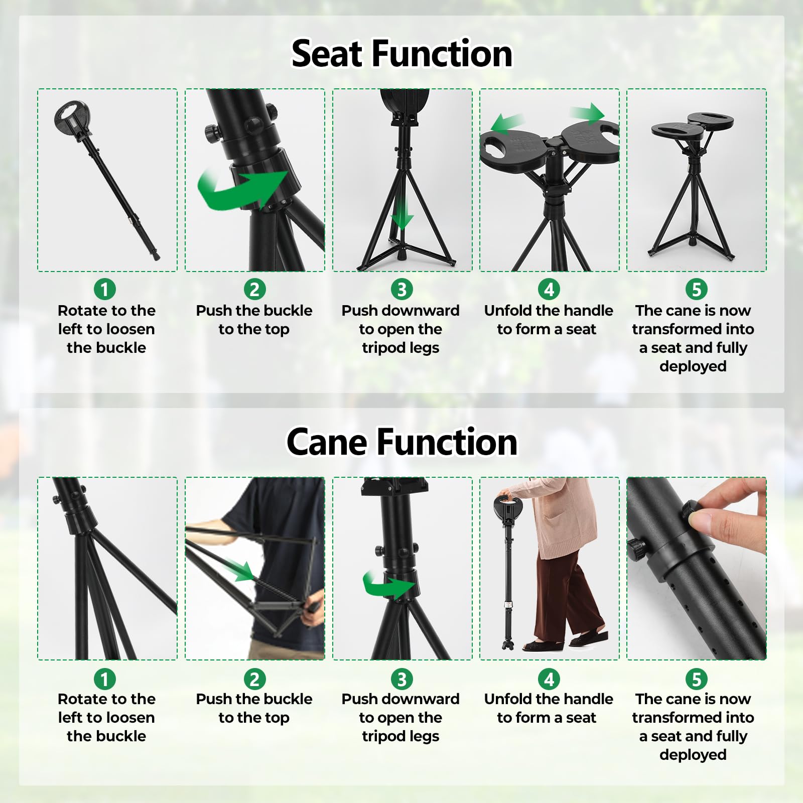 Bastón con asiento, taburete 2 en 1 de altura ajustable para adultos y personas mayores, bastón plegable de aluminio de aviación con bolsa de transporte