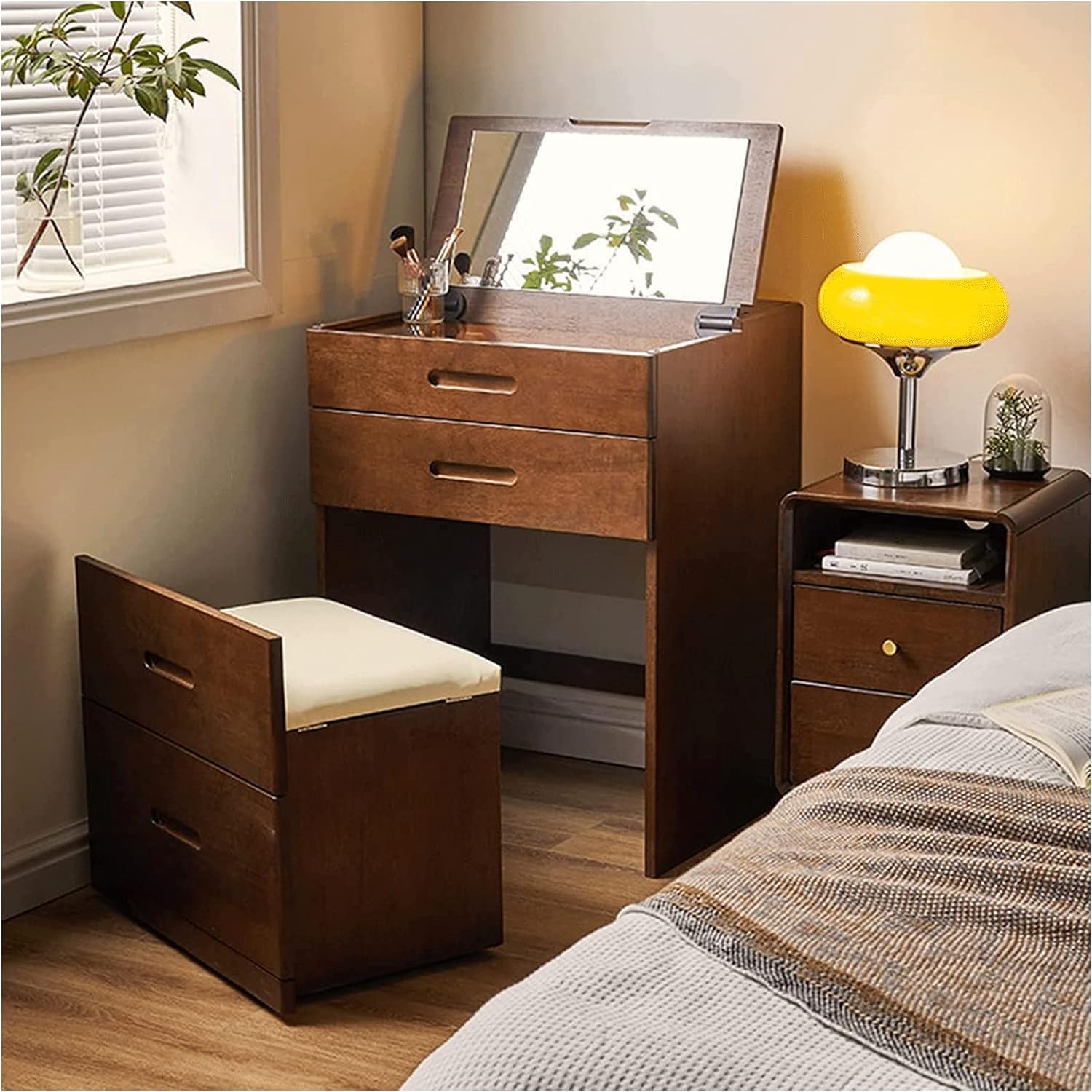 Retro Walnut Vanity Desk with Wheels 4 Drawers Folding Mirror Stylish Makeup Table Set for Bedroom Elegant Dressing Table with Storage Modern Chic Design