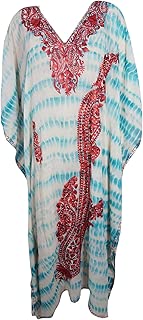 Mogul Interior Women Caftan Maxi Dress Georgette Aqua Tiedye Loose Comfy Resort Wear Plus Size