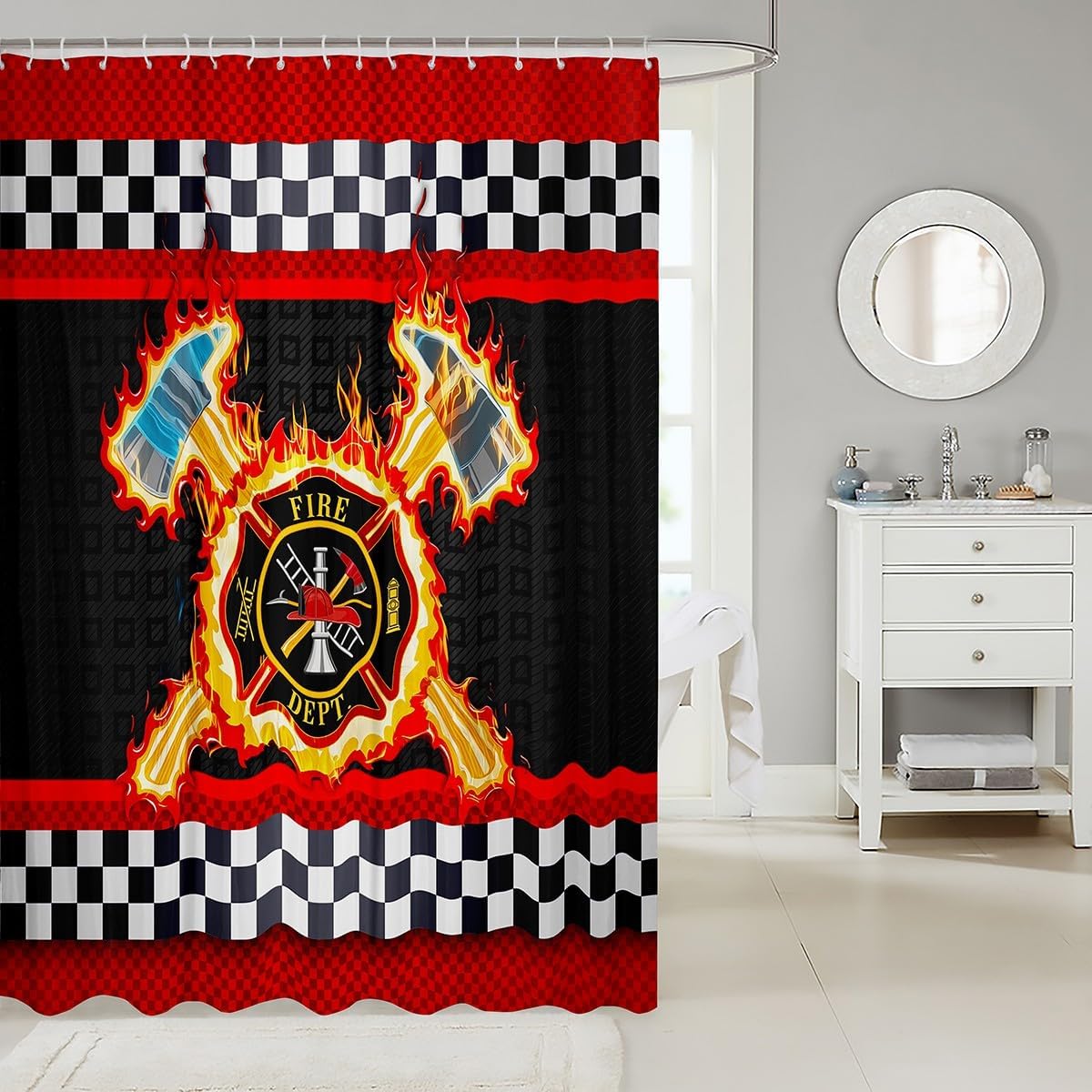 Fire Fighting Kids Shower Curtains,Fire Fighting Truck Tools Bathroom Curtains for Boys Girls Adults,Geometric Grids Patchwork Fashion Red Black Waterproof Curtains,12 Hooks Suits,72" W x 84" L