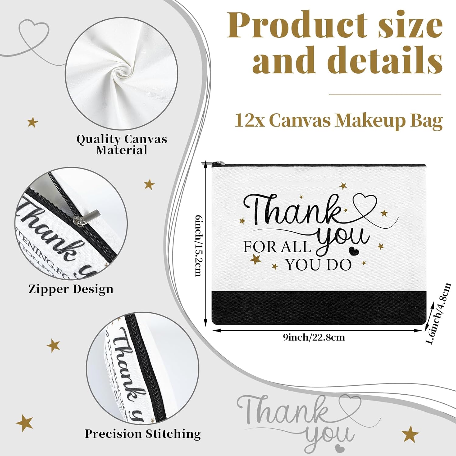 24PCS Thank You Canvas Tote Bags Employee Inspirational Makeup Bags for Women Nurse Employee Appreciation Gift Employee Appreciation Pouch Bag with Zipper for Women Staff Teacher Coworkers Office - Image 3