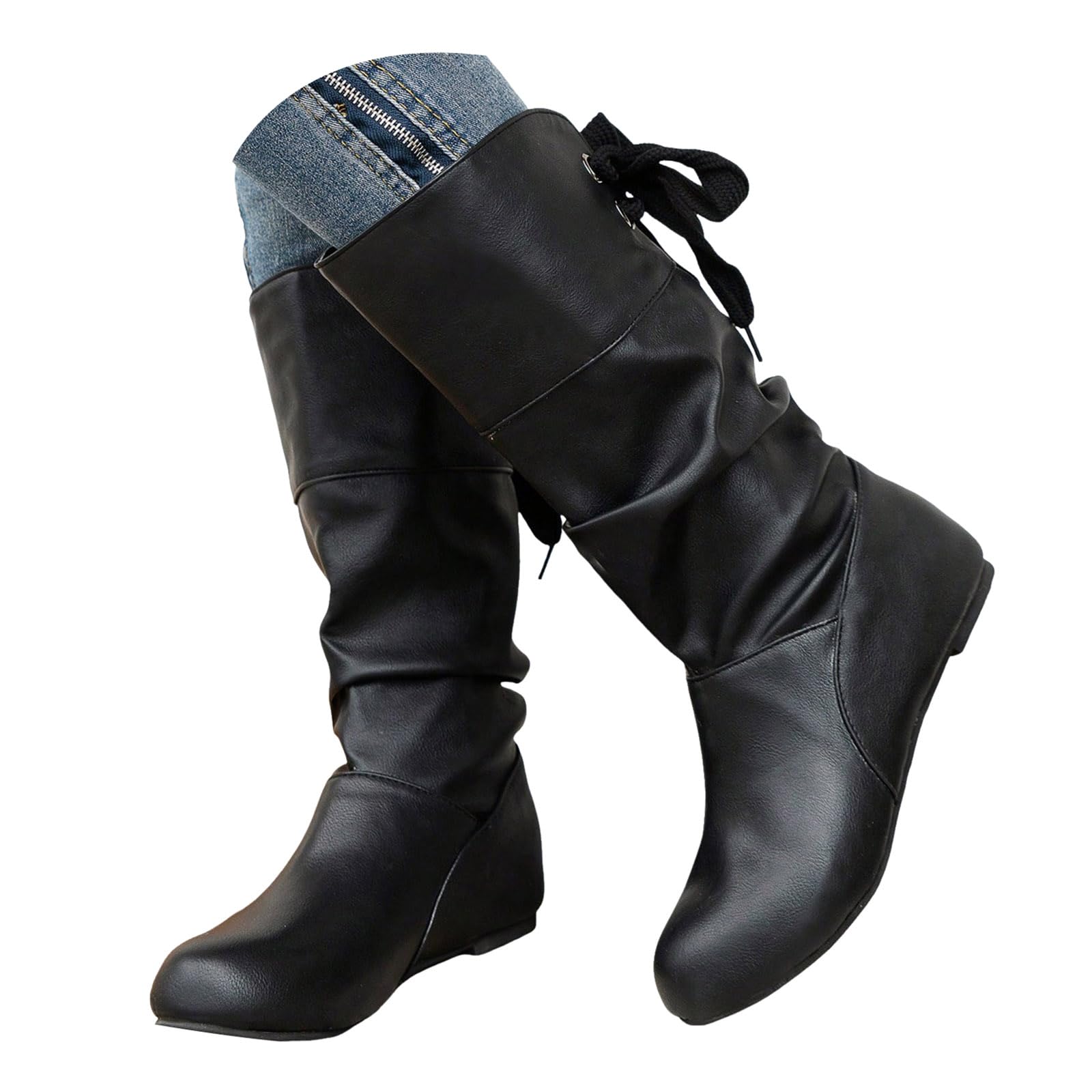 ZSpzx Women Mid Calf Casual Boots Wide Calf Slouch Ruched Low Heels Flats Lace up Leather Suede Round