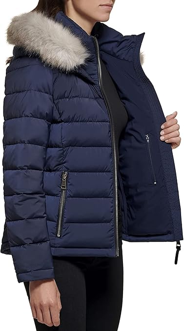 新作セール☆ DKNYディーケーエヌワイ ファーパファーコート Amazon.co.jp: DKNY フェイクファートリム フード付きパファー
