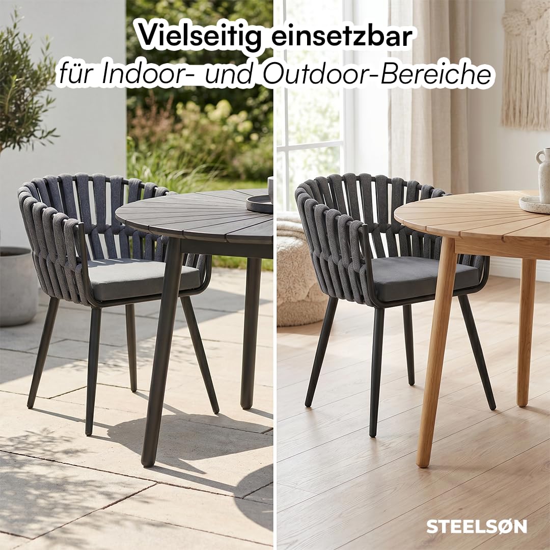 STEELSØN Tarian Gartenstühle im Rope Design – Stühle 6er Set mit Sitzkissen – Loungesessel Indoor/Outdoor – aus Kunststoffgeflecht & Dicke Sitzpolster Garten/Terrasse/Balkon – Stahlgestell dunkelgrau