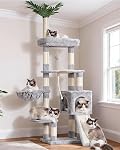 Heybly Arbre de chat, 65.4 Tour de chat pouces pour les chats d'intérieur, Condo Cat avec perches, Panier, Feuille, Bol d'alimentation, Meubles de chat moderne en peluche multi-niveaux avec des poteaux de Scratching, Beige HCT015M