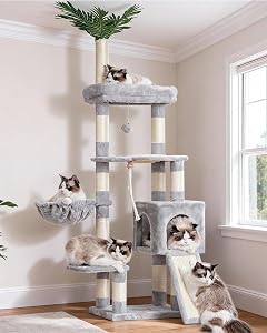 Heybly Cat Tree, 65.4 inches Cat Tower for Indoor Cats, Cat Condo with Perches, Basket, Leaf, Feeding Bowl, Multi-Level Plush Modern Cat Furniture with Scratching Posts, Light Gray HCT015W
