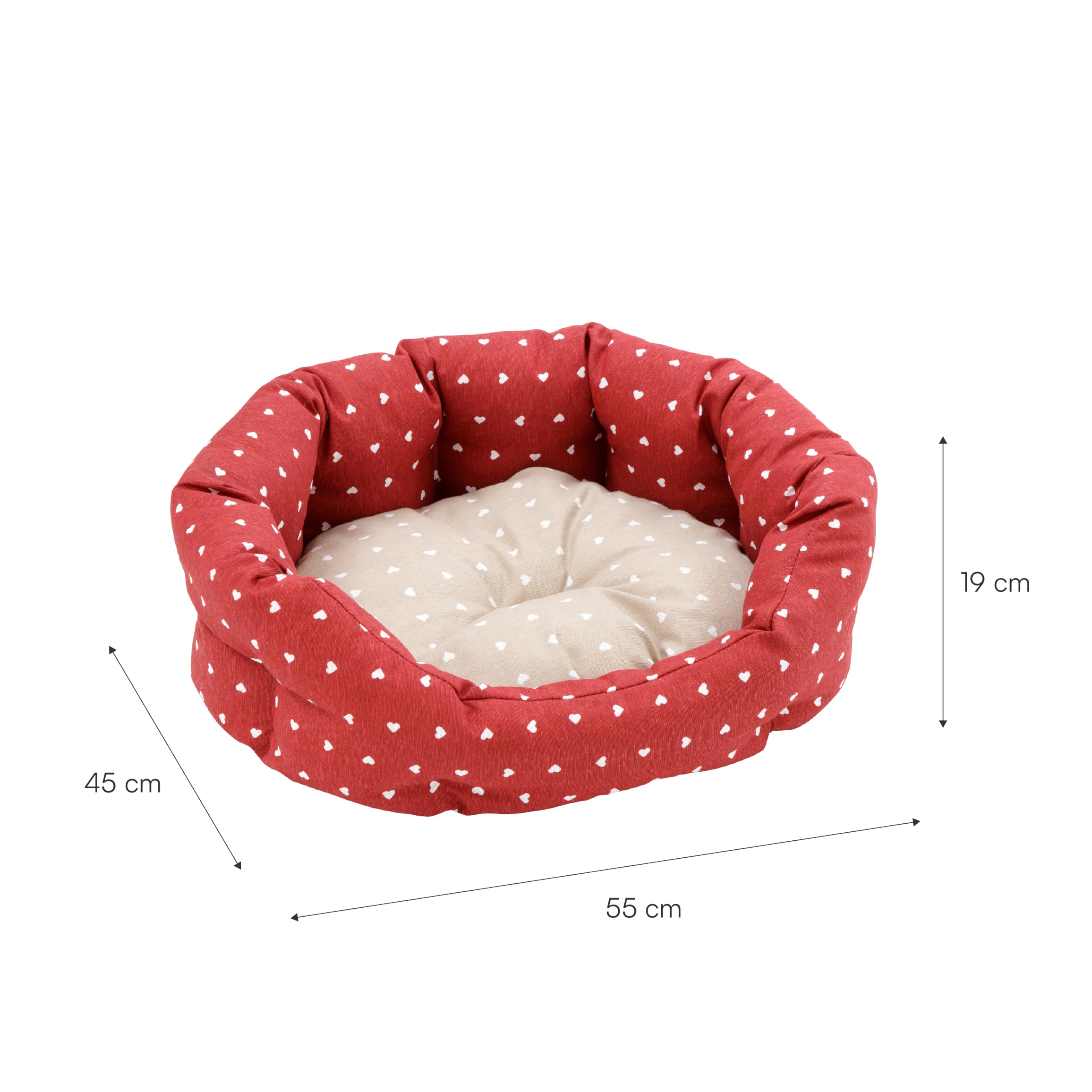Baroni Home Hundebett aus Stoff, Größe M, weiches rundes Hundematte für Hunde und Katzen, bequem, für Schlafzimmer Wohnzimmer Flur, waschbar (45x55 cm, Beige und Rot mit Herzen)