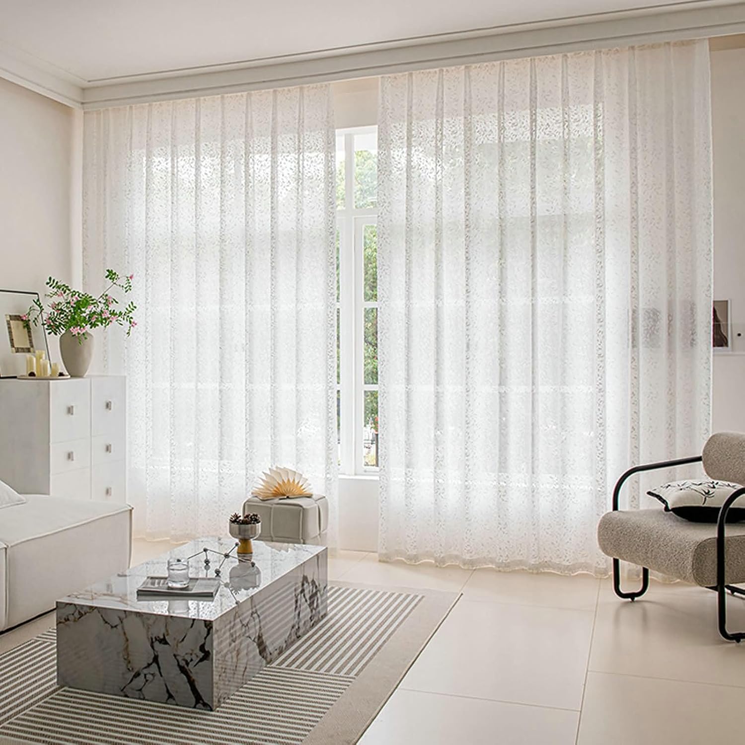 Daesar Semi Transparent Curtains for Living Room 2 Panels Set 63 Inch Length, Eyelet Sheer Curtains Jacquard Fireworks Pattern Voile Curtains for Kitcken Window Treatment, 52x63 Inch White