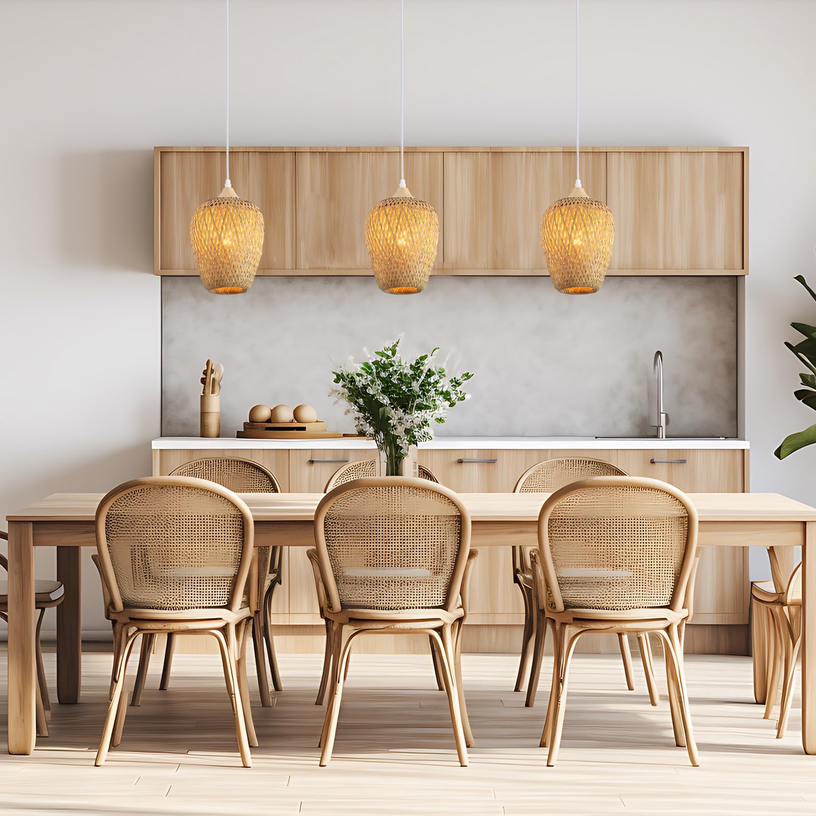 Lampenschirm Bambus Und Holz Boho,Handgewebt Doppelschicht Pendelleuchte Esstisch Vintage KüChe Lampe Dekor Eine-Licht HäNgelampe FüR Schlafzimmer Kronleuchter Wohnzimmer