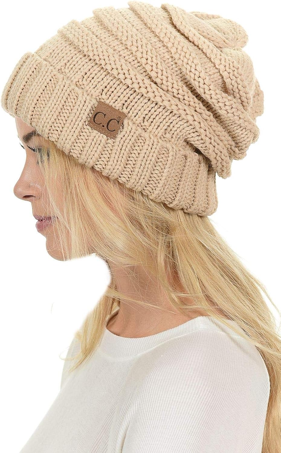 C.C Hat-100 Oversized Baggy Slouch Thick Warm Cap Hat Skully Cable Knit Beanie Black