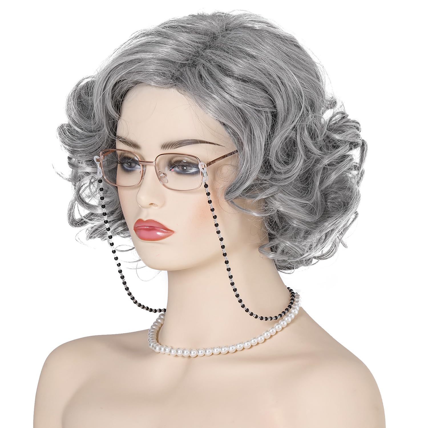 Short Old Lady Granny Curly Wig for Women Grandma 100th Day of School Cosplay, Costume, Halloween Party (Gray) - Image 2