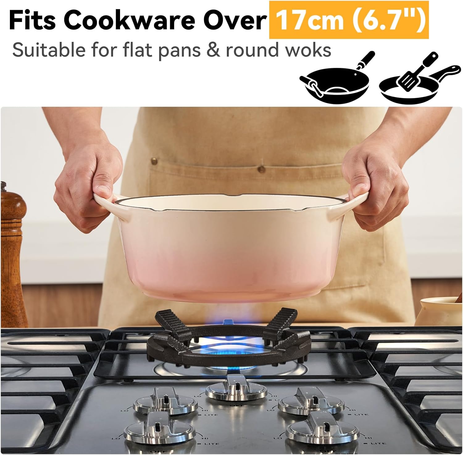 WANGYUANJI 11" Traditional Round Bottom Iron Wok,Cast Iron Wok Ring for Gas Stove, 8.3" Non-Slip Wok Support Rack