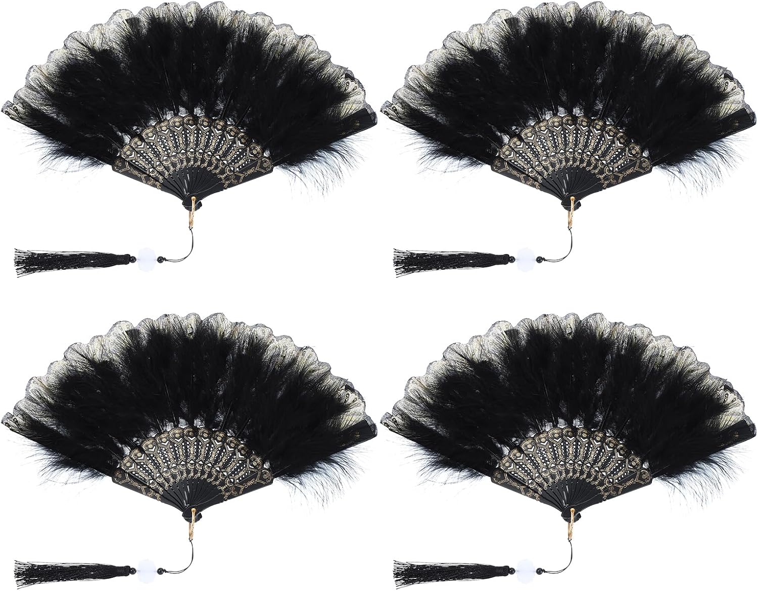 PATIKIL Embroidered Flower Marabou Feather Fan, 4 Pack 1920s Vintage Folding Handheld Fan Chinese Flapper Hand Fan for Costume Party Dancing Wedding Show Tea Decoration, Black