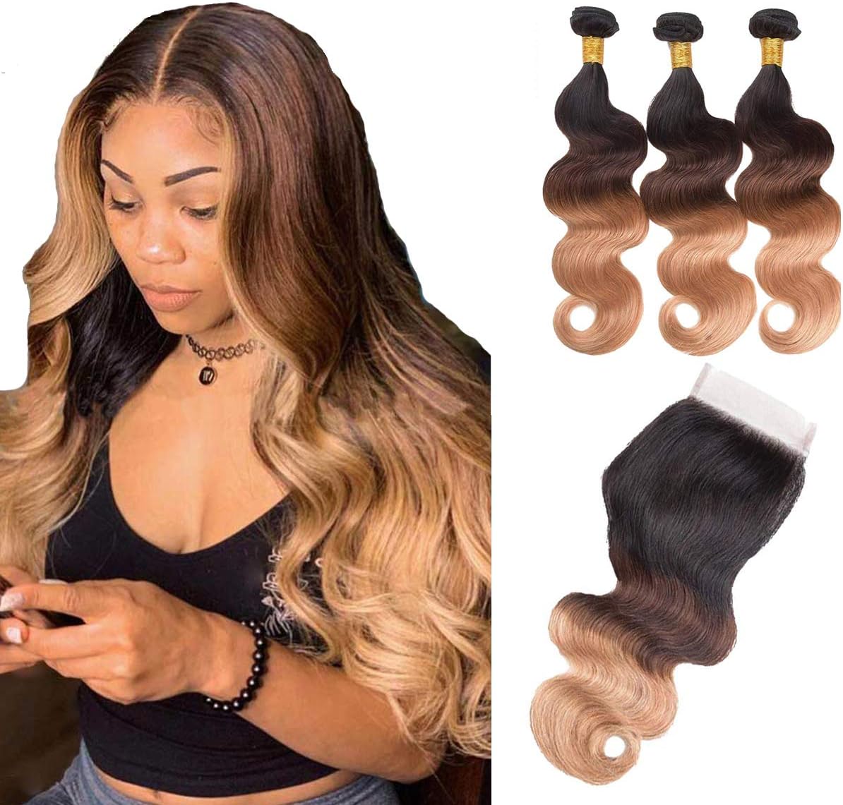 (14 16 18+12, 1B /4 /27 ) - Ombre Brazilian Hair Bundles with Closure BodyWave Bundles 10A Virgin Human Hair 3 Bundles of Brazilian Hair with Lace Closure Free Part (14 16 18 with 30cm Closure, 1B ...