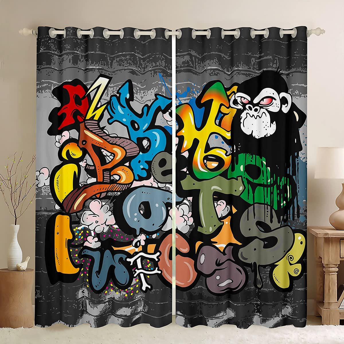 Hip Hop Curtains for Bedroom Living Room Colorful Graffiti Printed Curtains for Kids Boys Teens Cartoon Alphabet Printed Windows Drapes Street Hipster Curtains,W66*L72