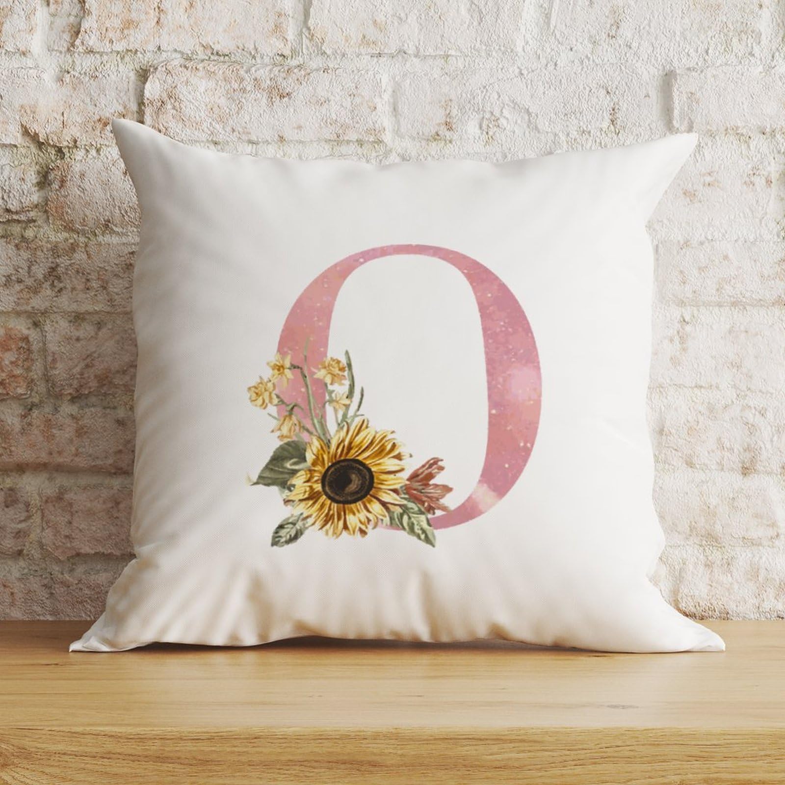 Zyadsinoudor Style-25 Throw Pillow Case Initial Letter O Pink Square Cushion Cover Monogram Sunflower Floral 16X16in Decorative Pillow Home Cotton Linen Last Name Artistic Accent Pillowcase For Bedroom Sofa