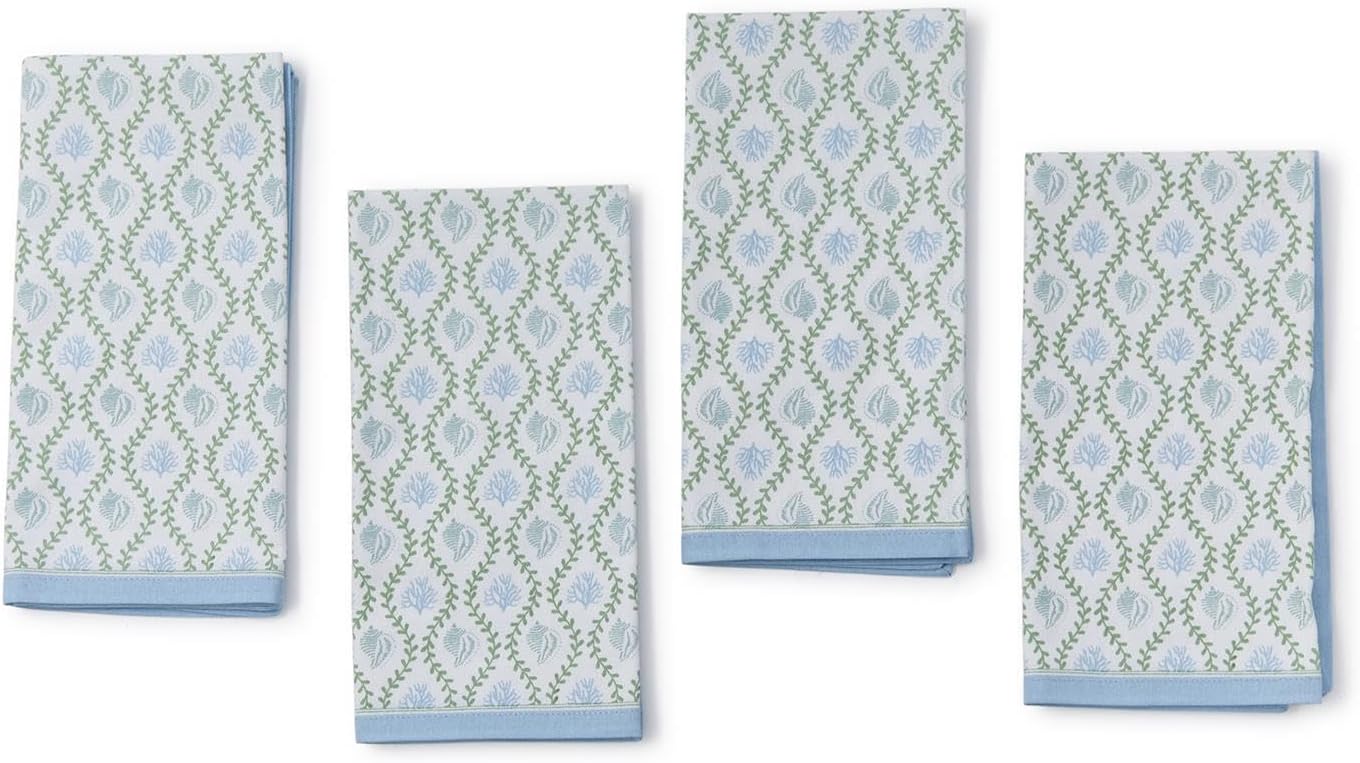 Two's Company Coral Reef Block Print Cloth Napkins, 20-Inch, Cotton, Set of 4