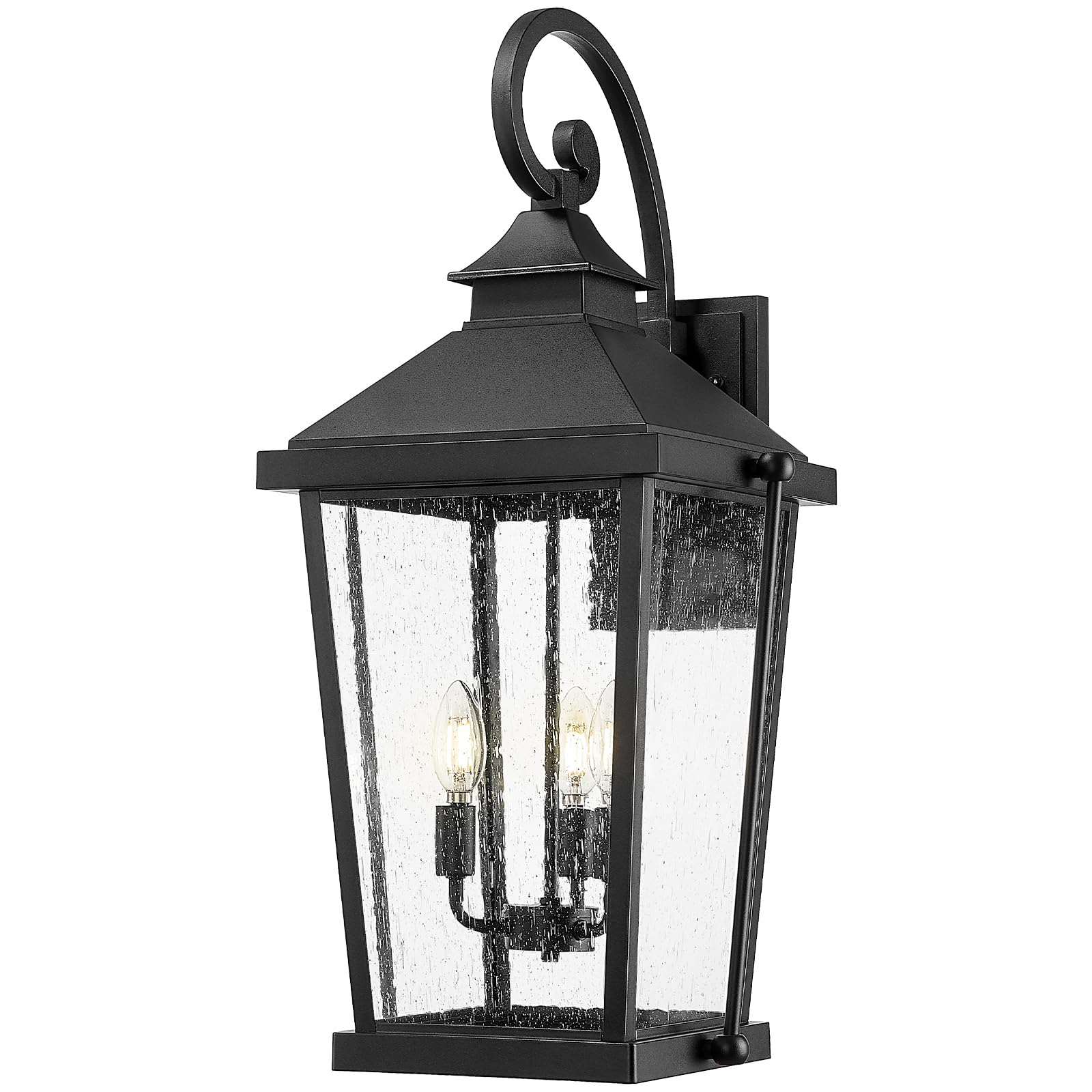 zeyu 27 inch outdoor wall lamp, 3-light large outdoor wall lighting for house porch, die-cast aluminum in black finish, seeded glass, zw105b-l bk