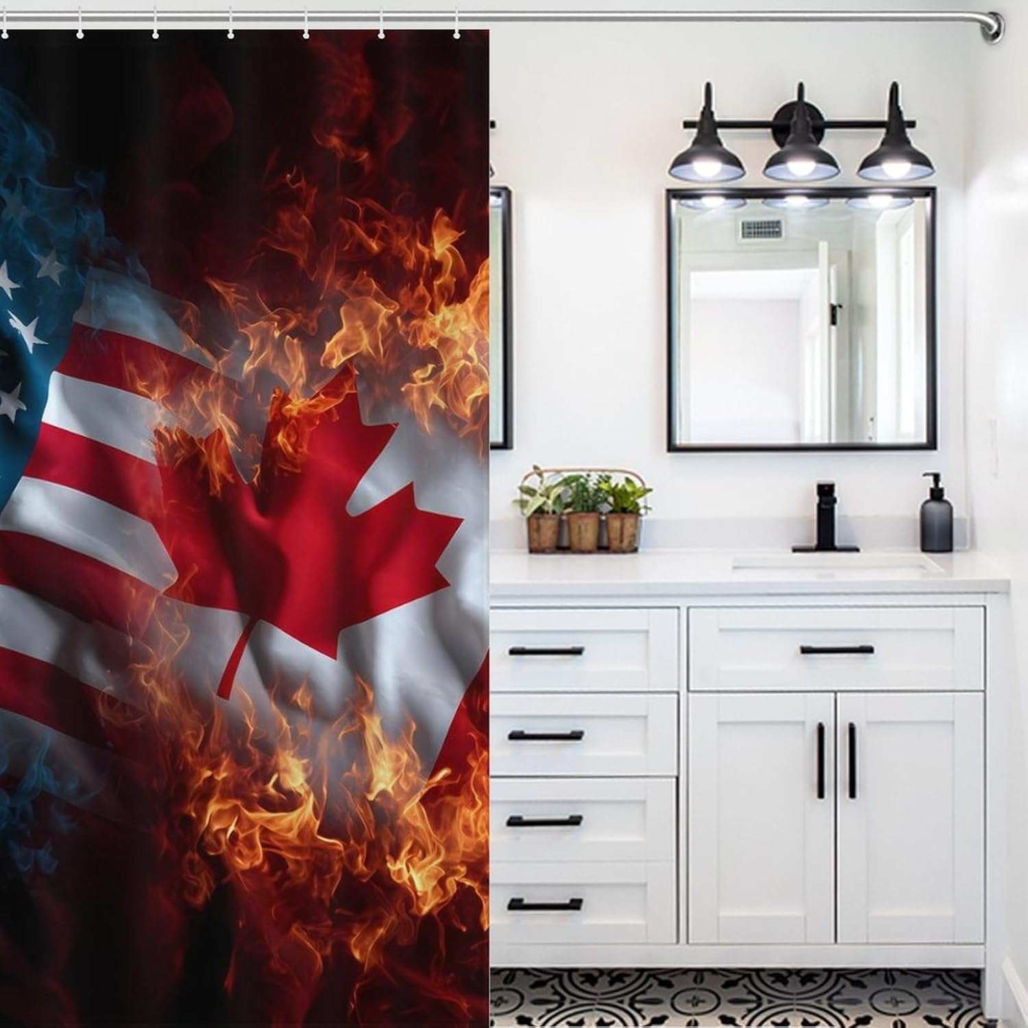 Canada US Fire Flag Shower Curtain 46.85x70.87Inch（119x180cm） Polyester Bath Curtain Shower Curtains Printed Decorative