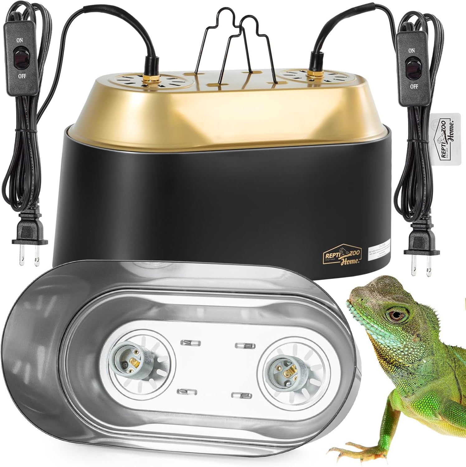 Dual Reptile Light Fixture with Switches, High Reflection Dome Reptile Heat Lamp Fixture, Terrarium UVB Basking Bulb Fixture for Reptiles Bearded Dragon Snake Tortoise, Max 150W Each