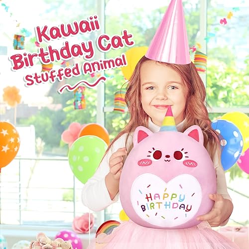 Miniatura 5 de KMUYSL Almohada de peluche de gato de cumpleaños, suave y linda, almohada de peluche de gato de peluche, decoración del hogar, decoración de la