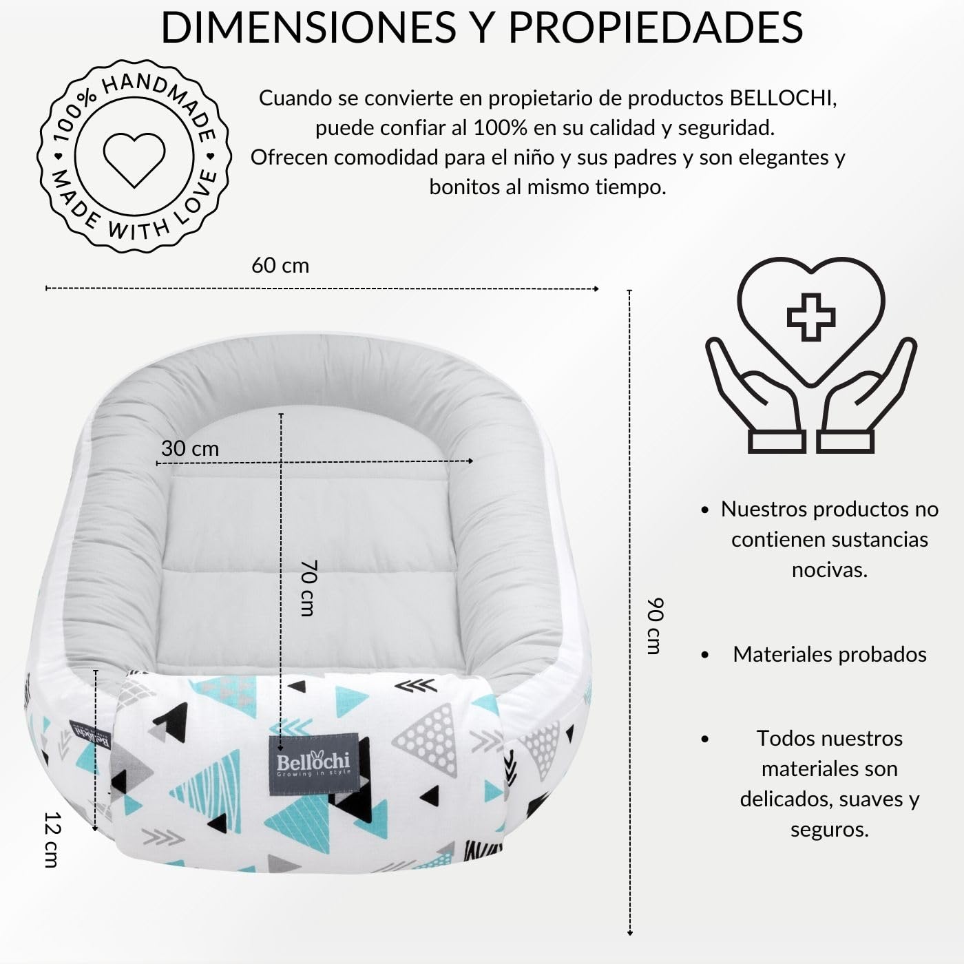 Bellochi Nido Bebe Recien Nacido, Reductor de Cuna Nido para Bebe - 100% Algodón - 90x60x12cm con Bordes Protectores - Tresor