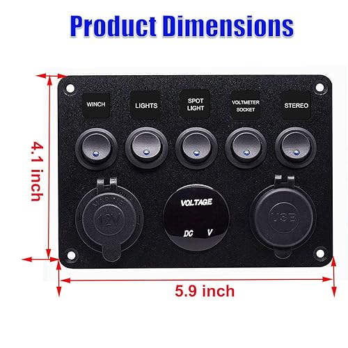 Miniatura 4 de Panel de interruptor basculante multifunción de 5 bandas, cargador USB QC 3.0 dual con control táctil, voltímetro digital y salida de 12 V para