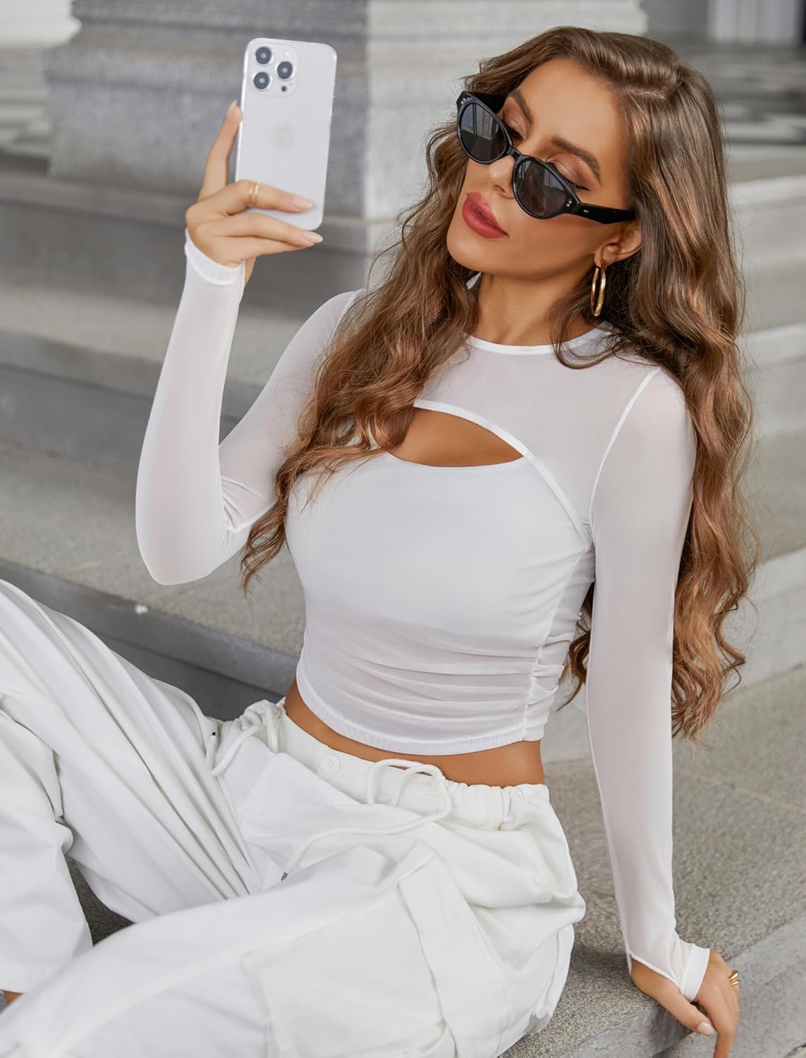 Avidlove Women's Sheer Mesh Long Sleeve Crop Top y2k Sexy Tee Blouse Cutout Clubwear with Thumb Holes - Image 4