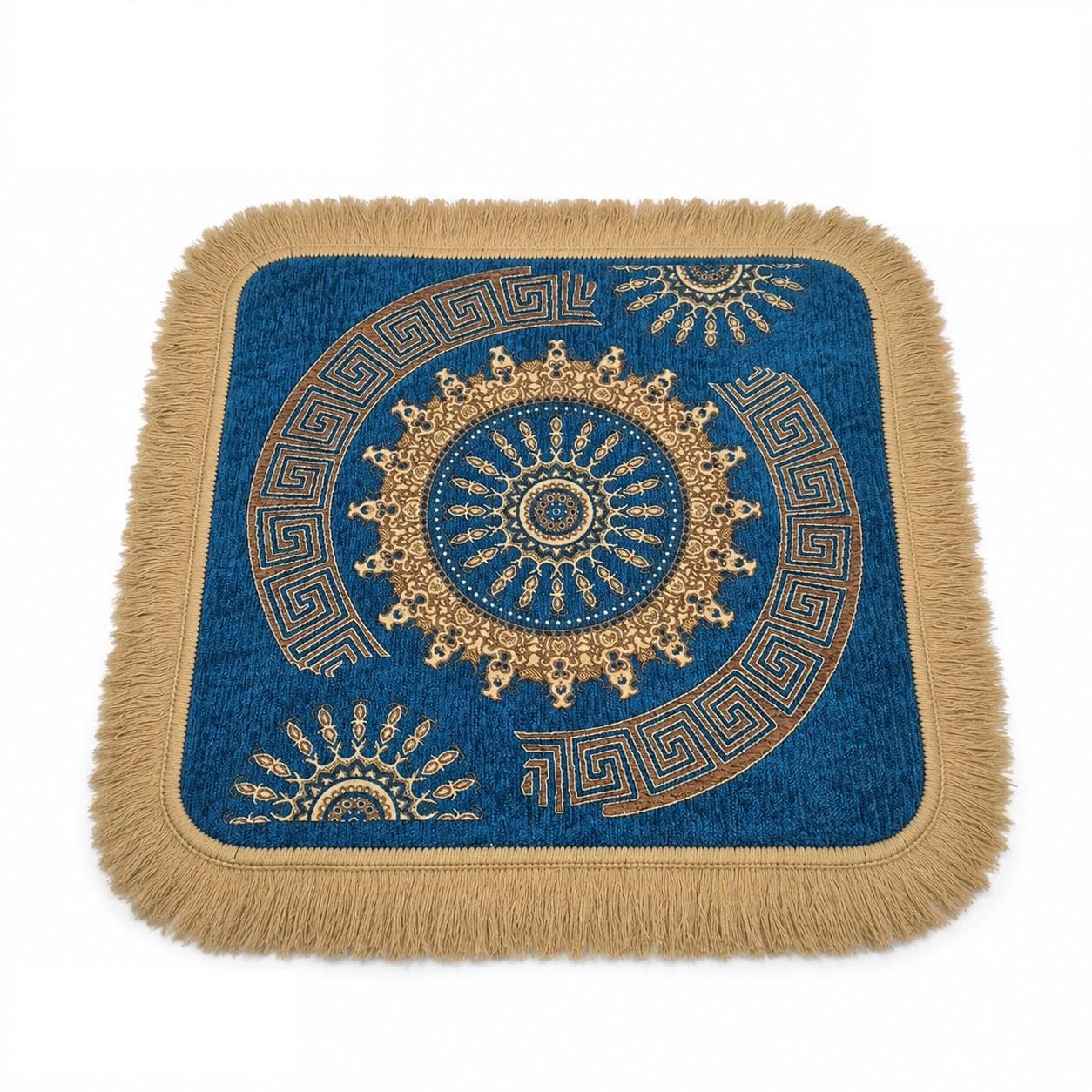 SH Carpets Decorative Pooja Mat 24 x 24 Inches (2 x 2 Feet) | Soft Prayer Mat with Tassel Fringe | Multipurpose Chowki Aasan for Mandir, Home Temple & Festivals | Blue-picture-29