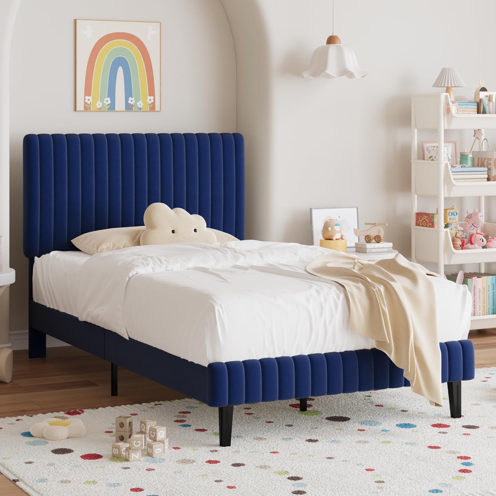 King Size Bed Frame and Headboard, Velvet Upholstered Platform Bed with Vertical Channel Tufted Headboard and Footboard, No Box Spring Required, Easy Assembly, Blue: Twin Blue