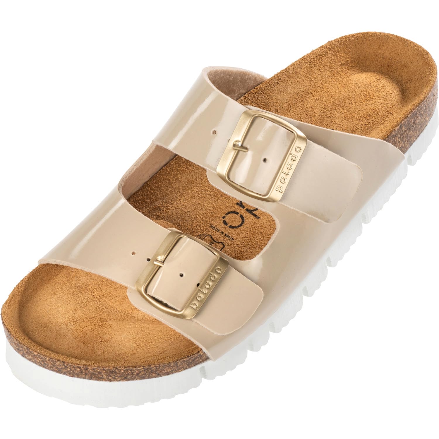Palado Damen Pantoletten Korfu PL Lack - Sandalen Made in Spain - elegante Hausschuhe mit Kork-Fußbett - modische Sommerschuhe