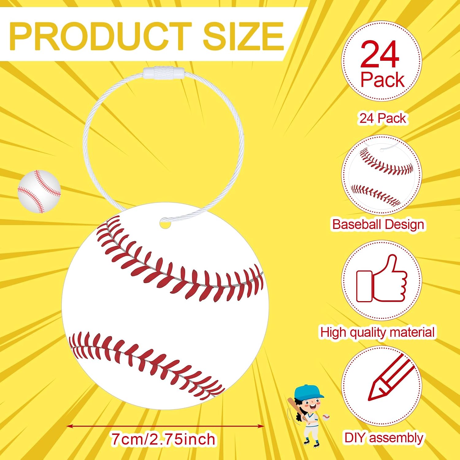 Liliaafar 24 Pcs Baseball Luggage Tags Bulk Baseball Ball Bag Tags for Travel Suitcase Keychain DIY Accessories 2.8'' PVC Name Labels Number ID Card with Metal Ring for Team Gifts