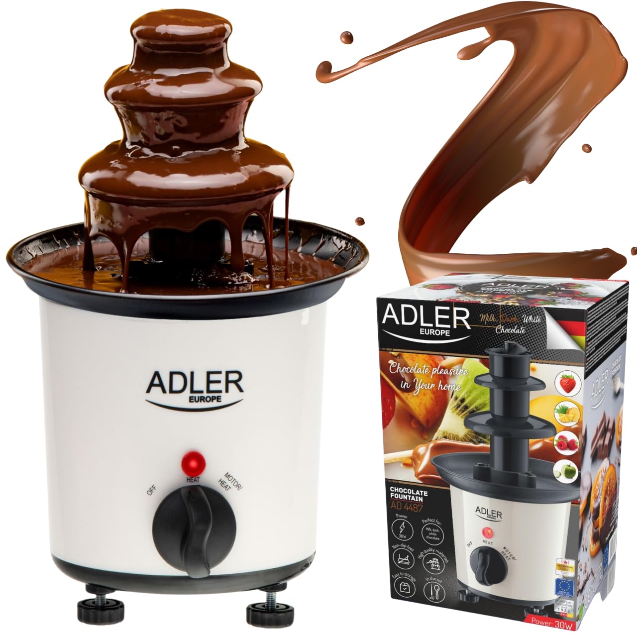 Adler AD 4487 Fontanna do Czekolady 200ml z Patyczkami, Moc 30W, Regulowane Podgrzewanie, Stabilna Konstrukcja, Kolor Biały