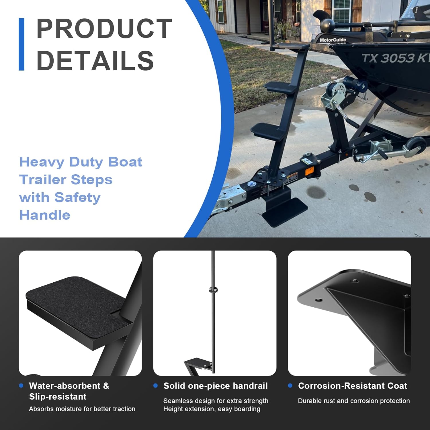 4 Step Boat Trailer Steps for Tongue Heavy Duty, Boat Trailer Ladder with Non-Slip Surface and Safety Handle 500 lbs Capacity