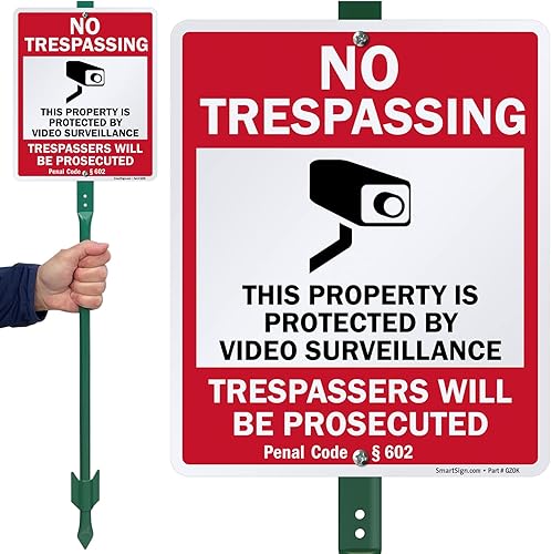 Miniatura 2 de SmartSign Letrero de 12 x 10 pulgadas, "No Trespassing - Propiedad protegida por videovigilancia, código penal  602" con estaca de 3 pies, aluminio