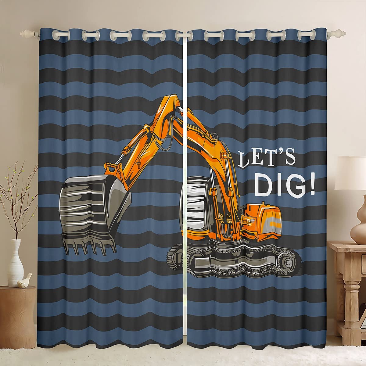 Excavadora para niños, Cortinas de Ventana de construcción, Camiones, Rayas Negras, Naranjas, Coches, Cortinas de Ventana para Dormitorio, Sala de Estar, maquinaria Pesada, tratamientos de Ventana de