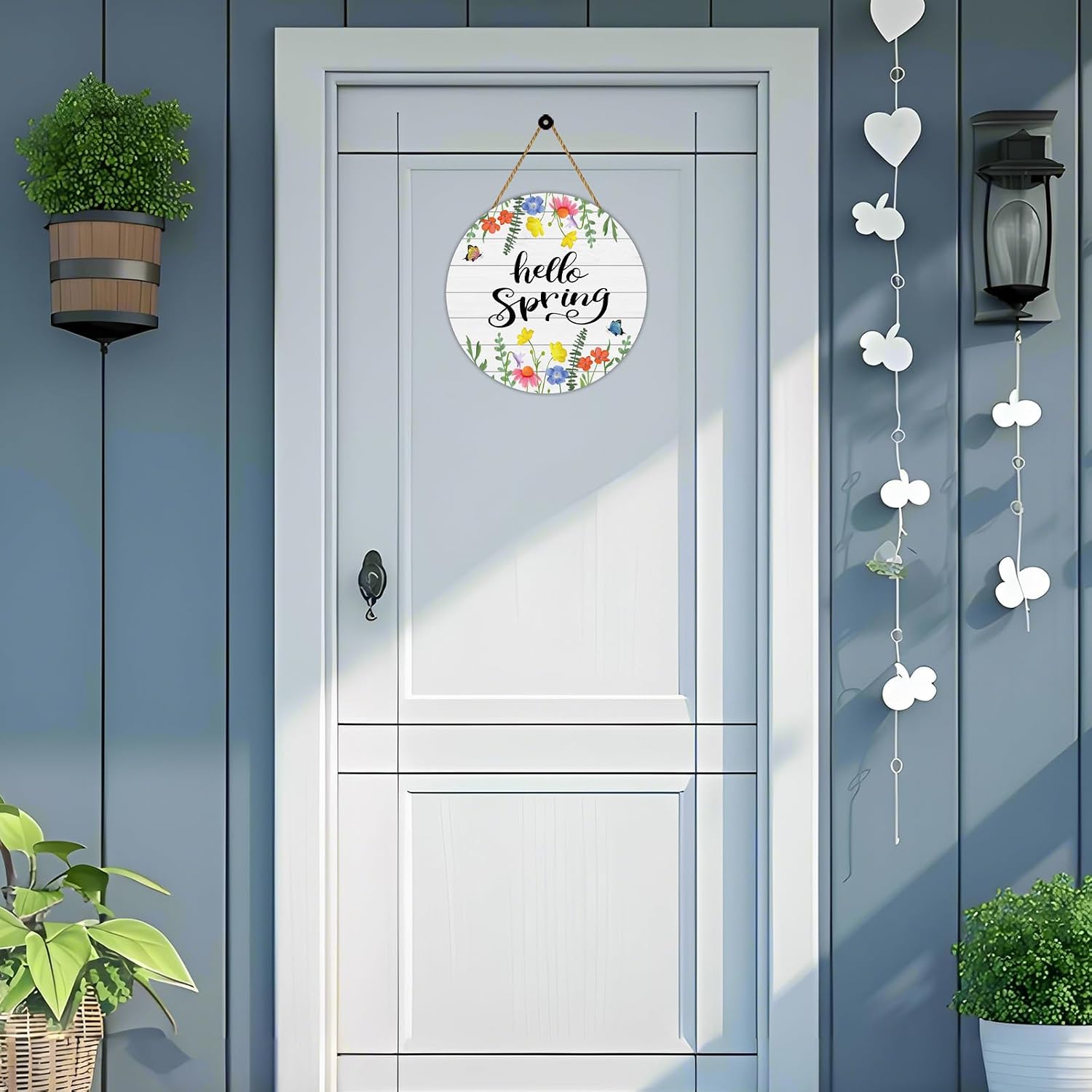 Spring Decorations for Home Hello Spring Door Decor Floral Grass Butterfly Wall Decor Wooden Wreaths for Front Door Hanger Hanging Sign for Porch Wall Indoor Home Decor