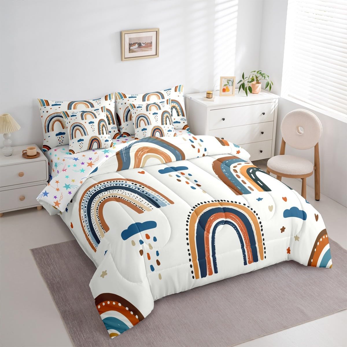 Erosebridal Rainbow Girls Comforter Set Twin Size Kawaii Cartoon Cloud 7 Piece Bedding Set for Kids Teens Women Iridescent Stripes Girly Bed in A Bag Colorful Cute Love Heart Bed Sets Bedroom Decor