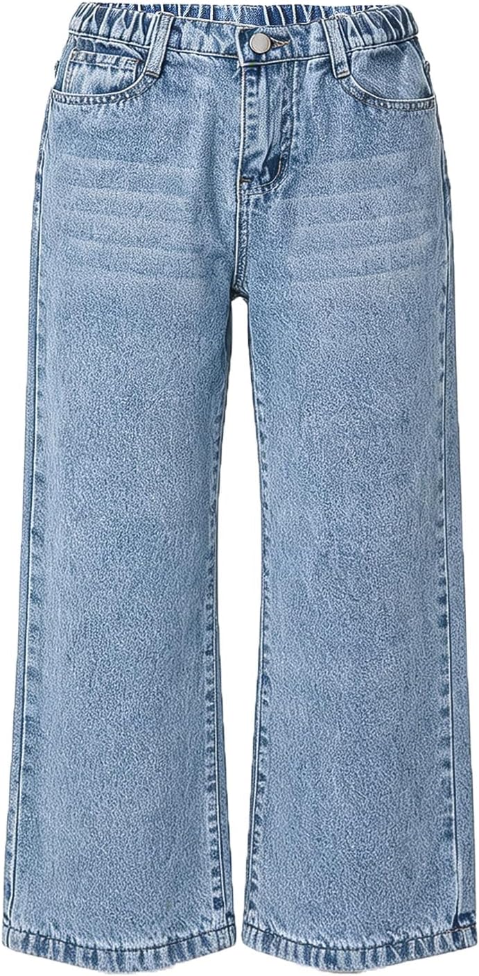 Girls Wide Leg Jeans Elastic Waistband Light Blue Water Ripple Straight Leg Denim Pants for 8-12 Years Old Kids