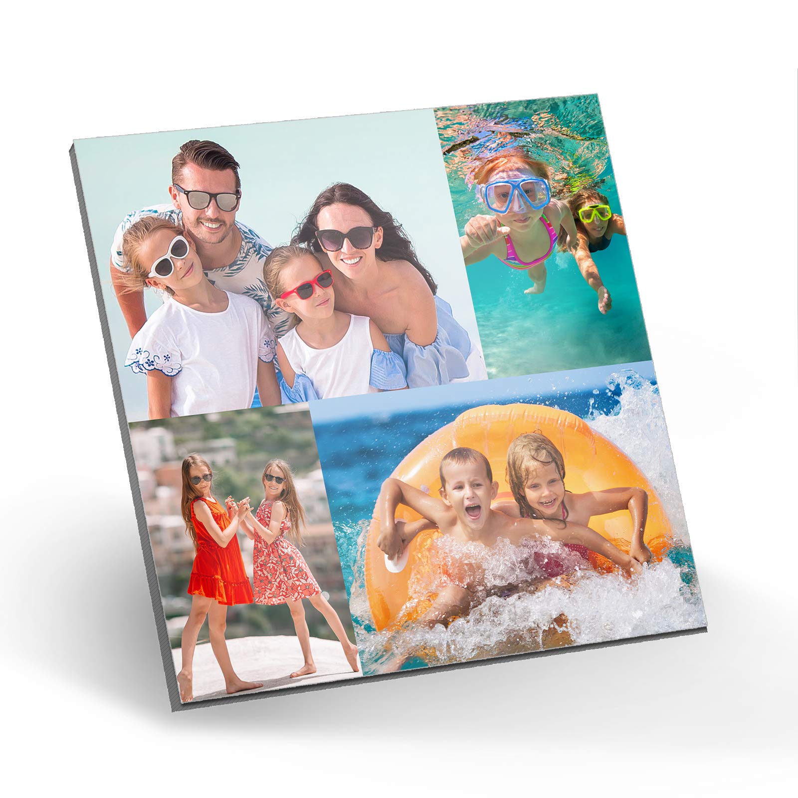 Hairyworm Personalised Wall Art, A3 Square (H:422mm x W:422mm) Metal Plaque with High-Definition Print, Customise with Four image Collage, Two Large and 2 Small Photos, Borderless Layout A